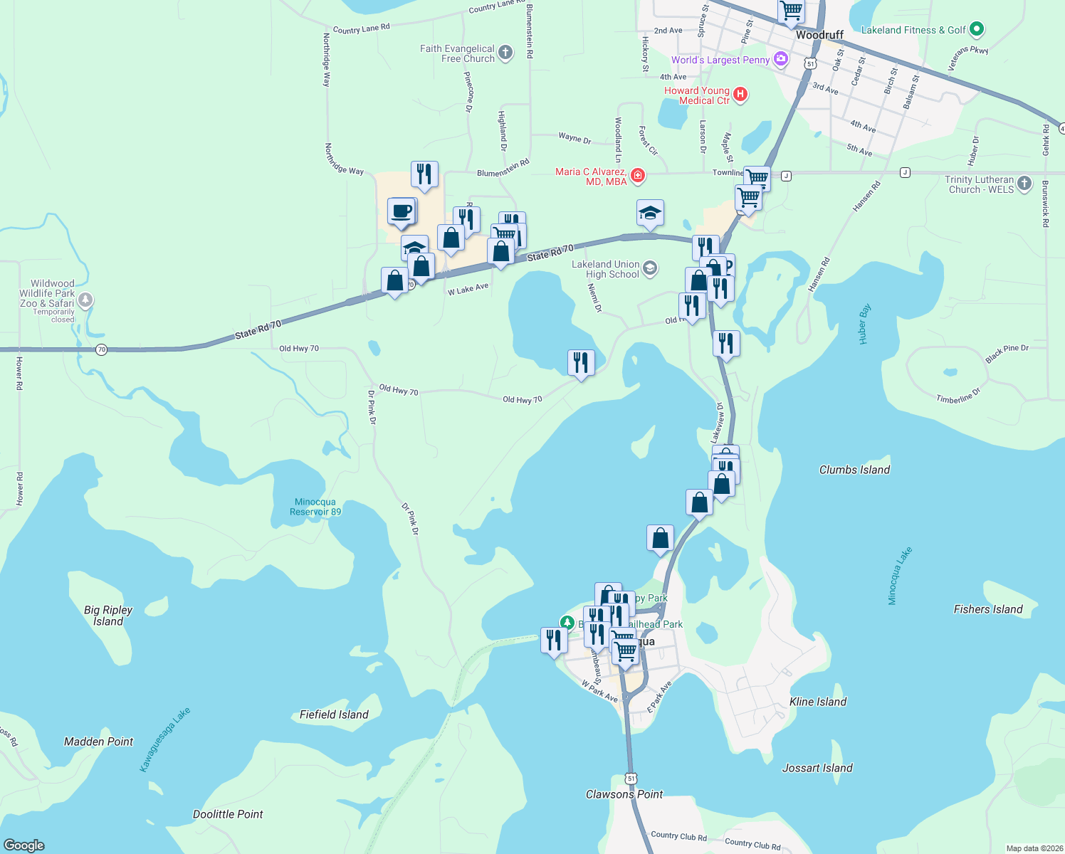 map of restaurants, bars, coffee shops, grocery stores, and more near 8598 Lambert Road in Minocqua
