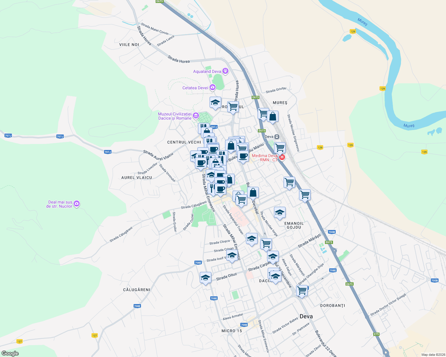 map of restaurants, bars, coffee shops, grocery stores, and more near 18 Bulevardul 1 Decembrie 1918 in Deva