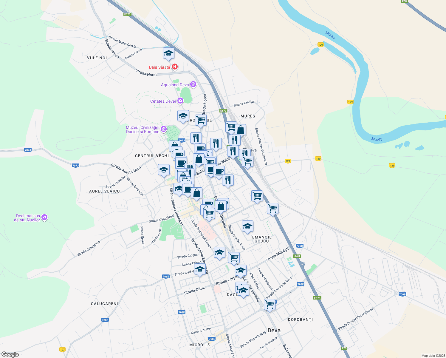 map of restaurants, bars, coffee shops, grocery stores, and more near Strada Ion Luca Caragiale in Deva