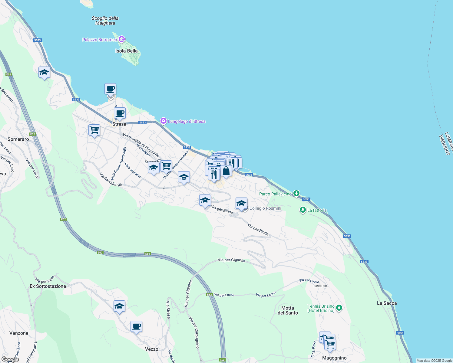 map of restaurants, bars, coffee shops, grocery stores, and more near 11 Piazza Capucci in Stresa