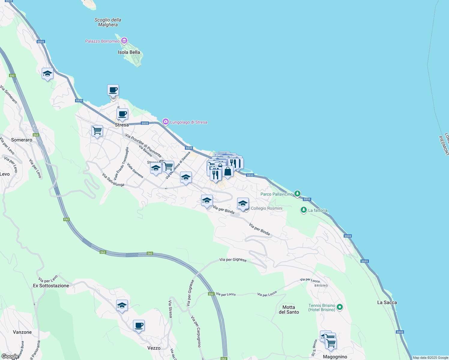 map of restaurants, bars, coffee shops, grocery stores, and more near 11 Piazza Capucci in Stresa