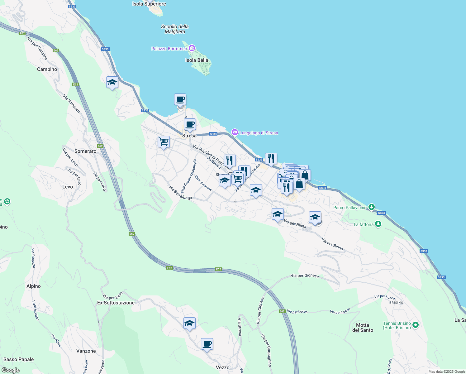map of restaurants, bars, coffee shops, grocery stores, and more near 9A Via Verdi in Stresa