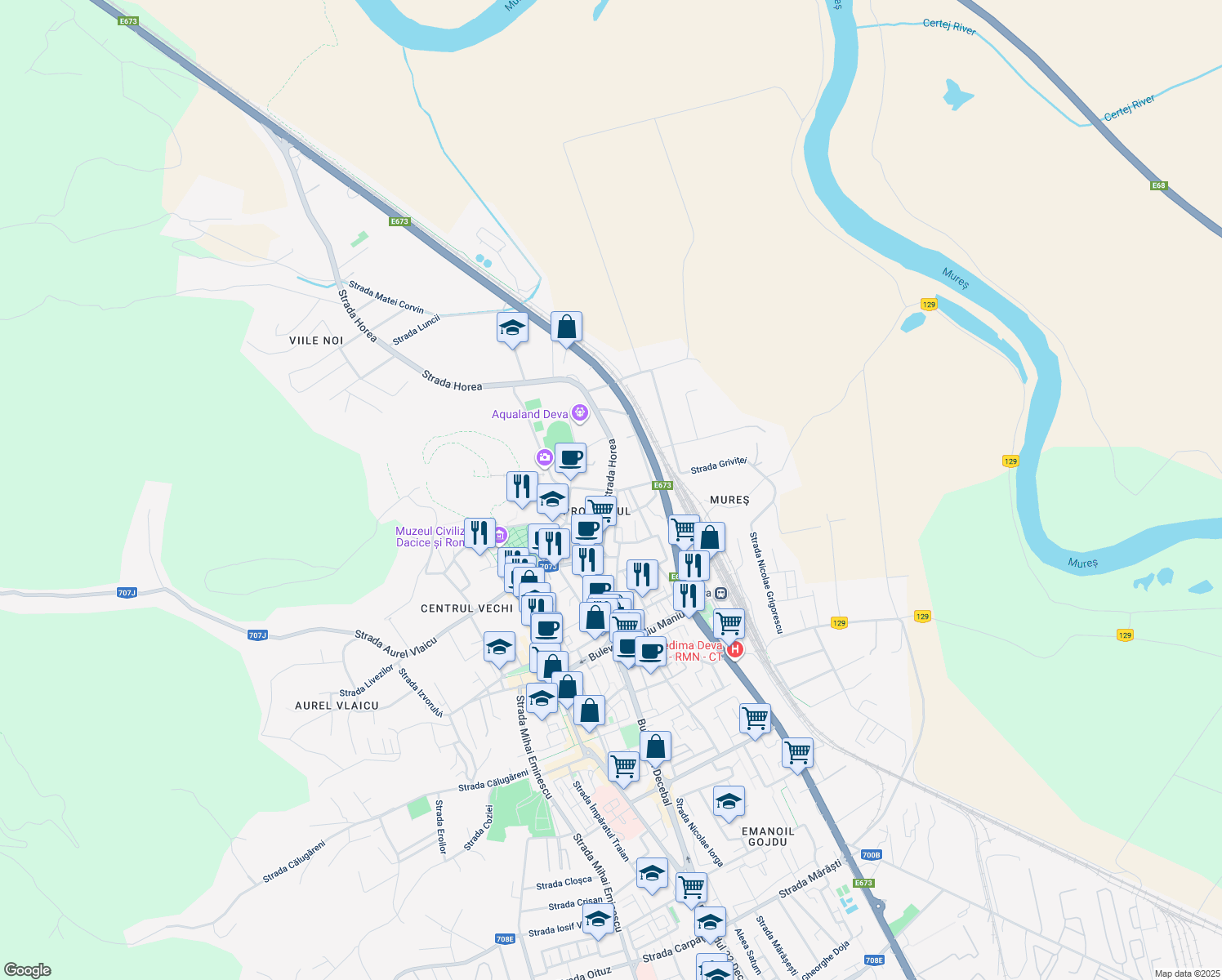 map of restaurants, bars, coffee shops, grocery stores, and more near in Deva