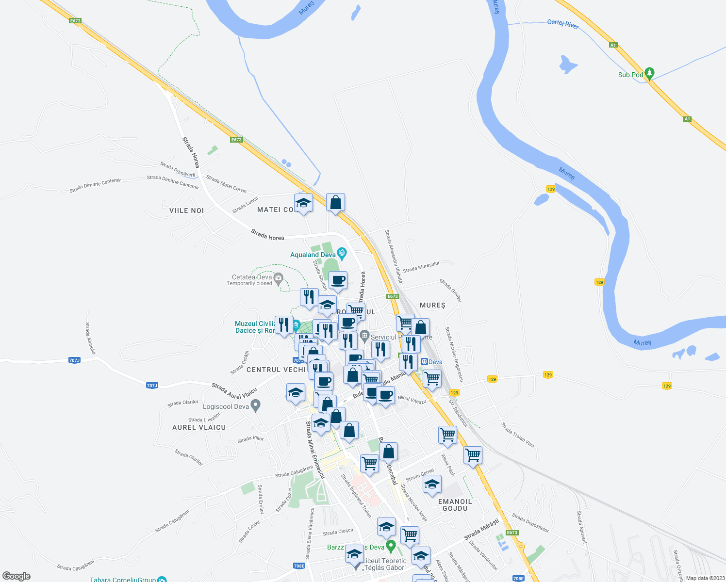 map of restaurants, bars, coffee shops, grocery stores, and more near Strada Griviţei in Deva