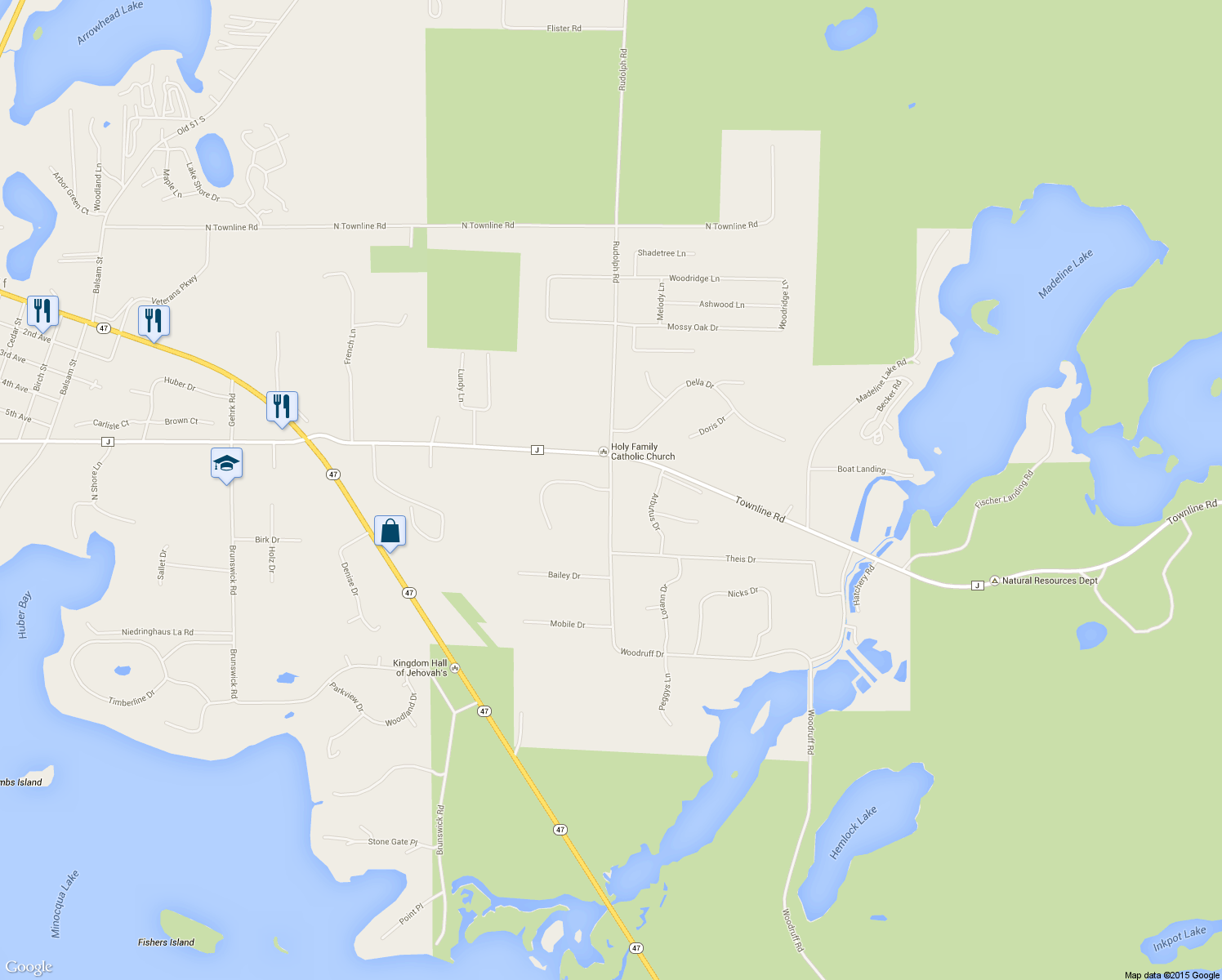 map of restaurants, bars, coffee shops, grocery stores, and more near 9078 Woodruff Dr in Woodruff