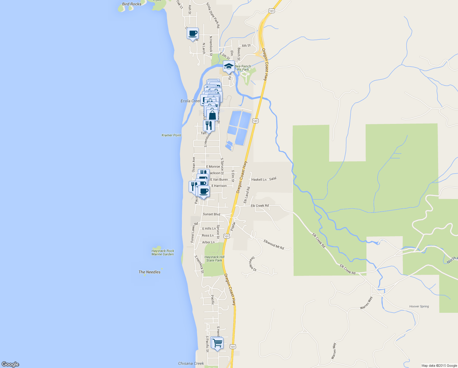 map of restaurants, bars, coffee shops, grocery stores, and more near 264 East Harrison Street in Cannon Beach