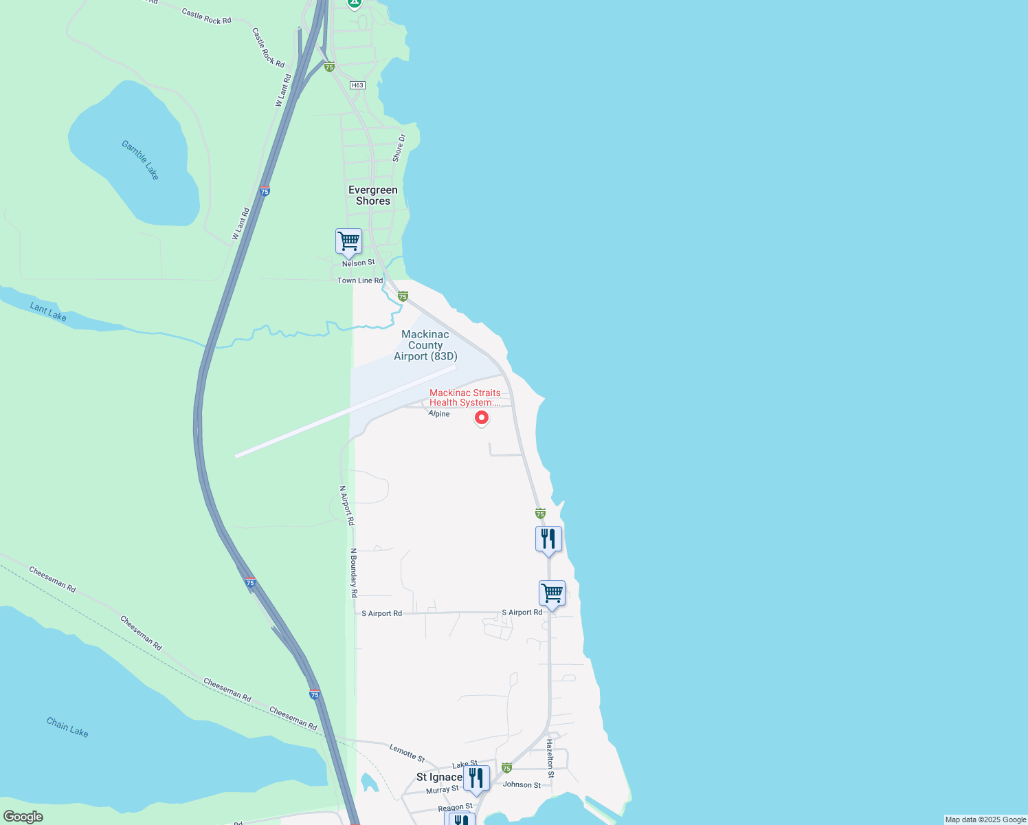 map of restaurants, bars, coffee shops, grocery stores, and more near 1130 North State Street in Saint Ignace