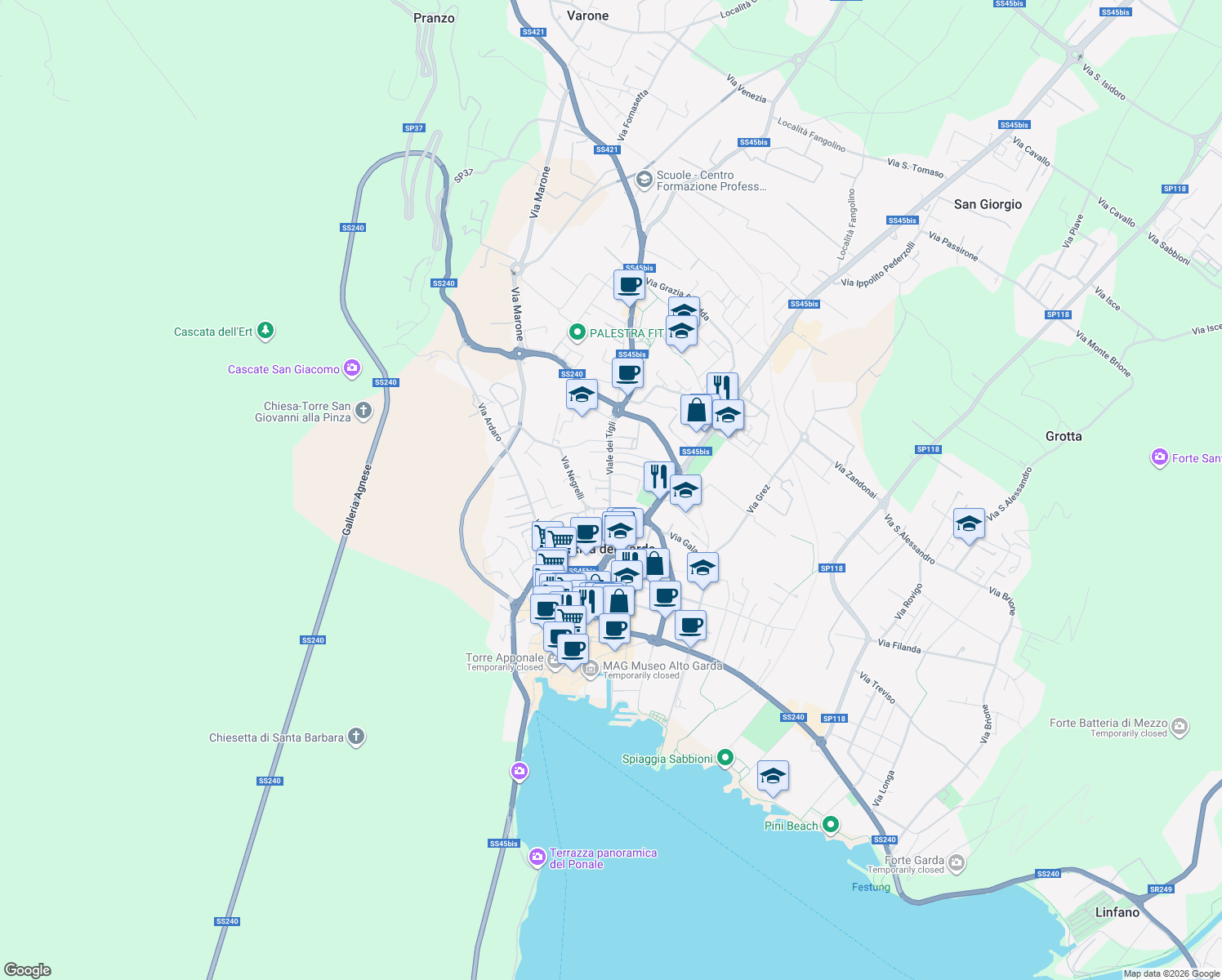 map of restaurants, bars, coffee shops, grocery stores, and more near Viale dei Tigli in Riva del Garda