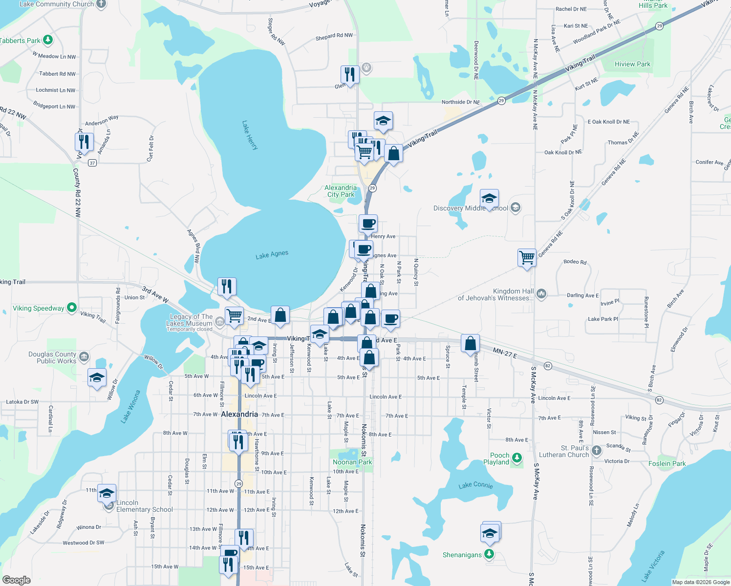 map of restaurants, bars, coffee shops, grocery stores, and more near 201 North Nokomis Street in Alexandria