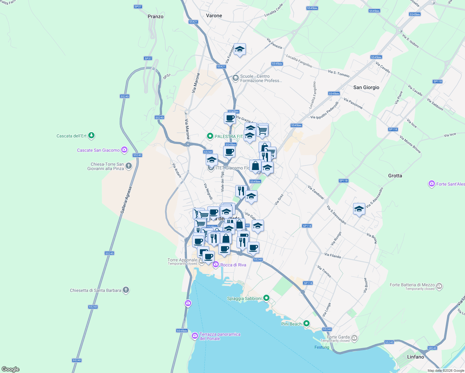 map of restaurants, bars, coffee shops, grocery stores, and more near Viale dei Tigli in Riva del Garda