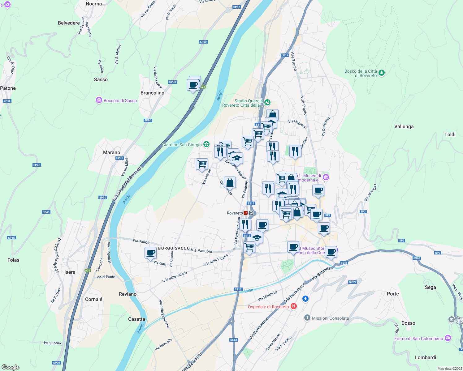 map of restaurants, bars, coffee shops, grocery stores, and more near 2 Via del Macello in Rovereto