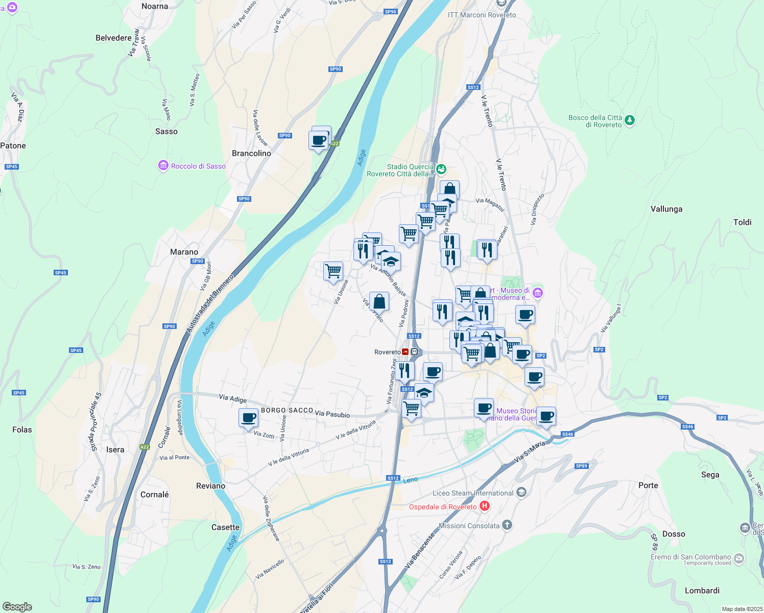 map of restaurants, bars, coffee shops, grocery stores, and more near 2 Via del Macello in Rovereto