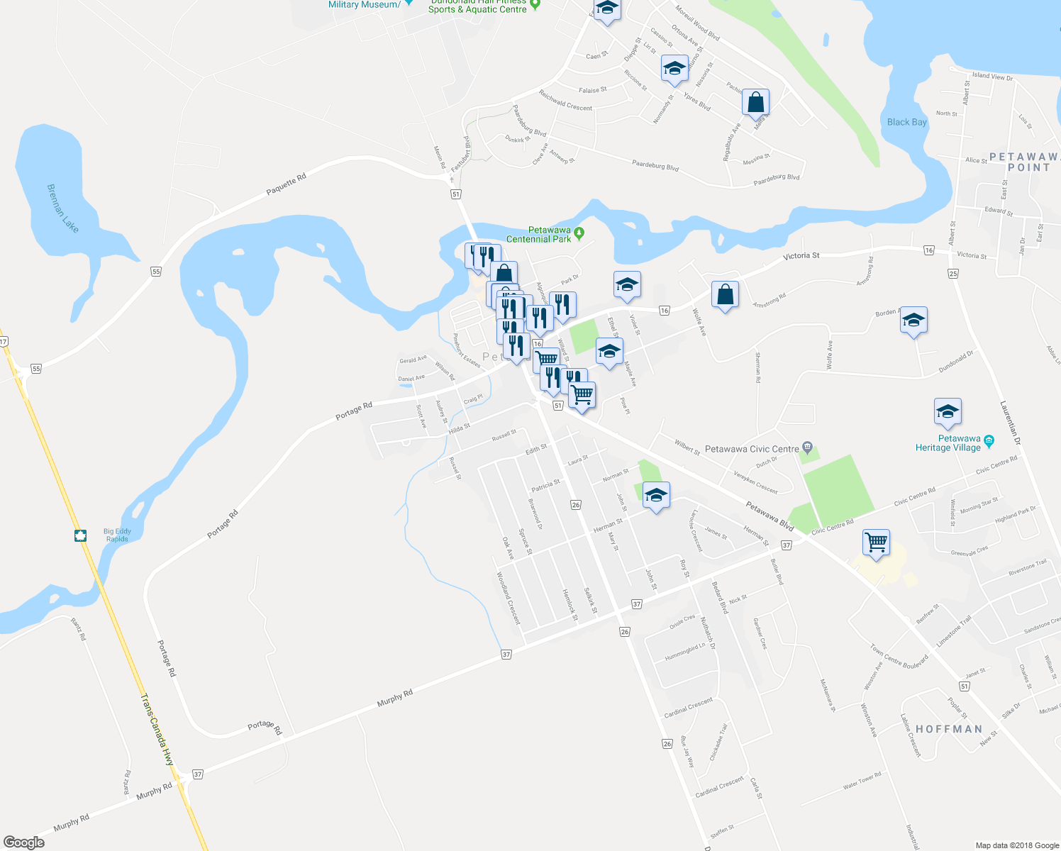 map of restaurants, bars, coffee shops, grocery stores, and more near 2 A Selkirk Street in Petawawa