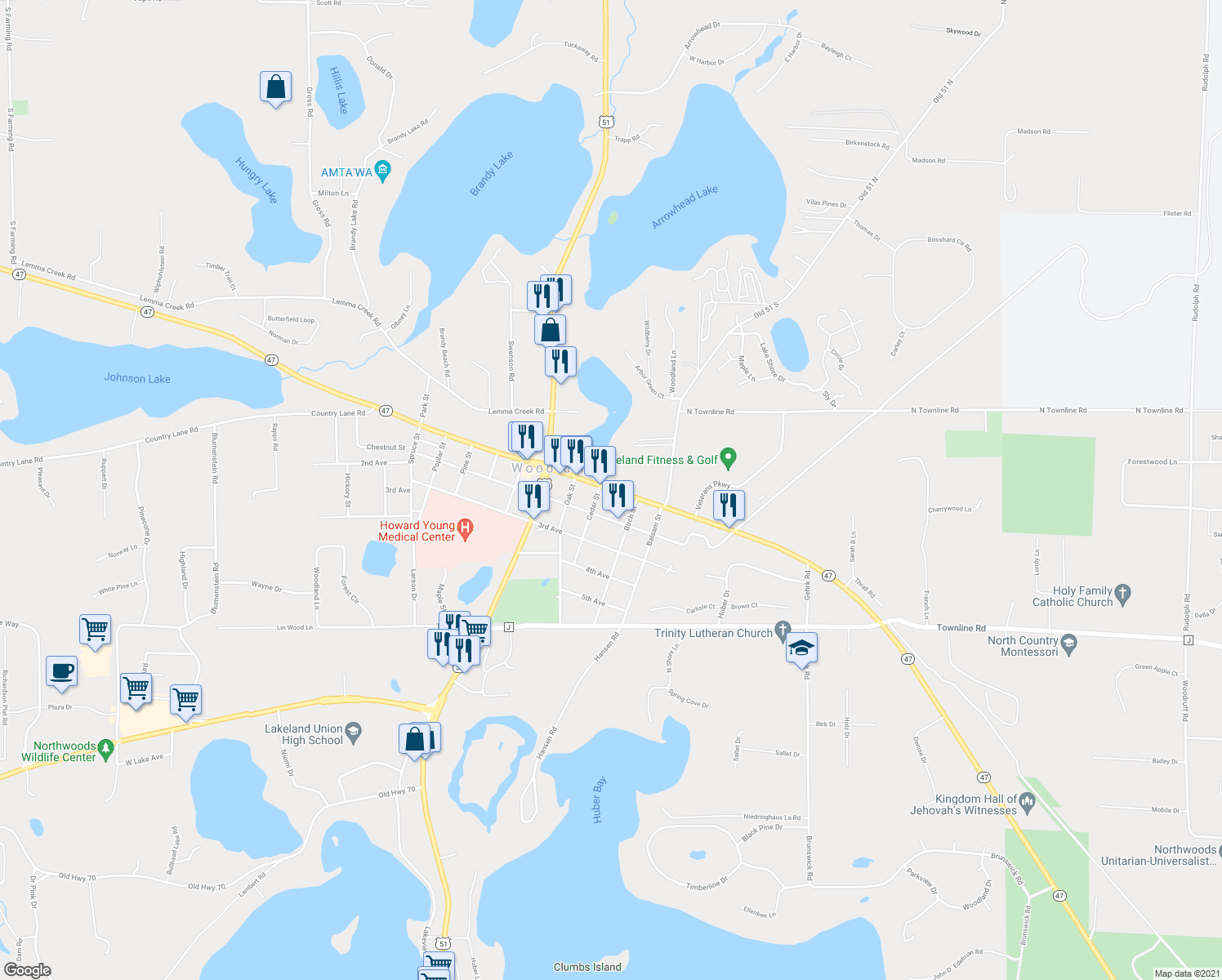map of restaurants, bars, coffee shops, grocery stores, and more near 1227 1st Avenue in Woodruff