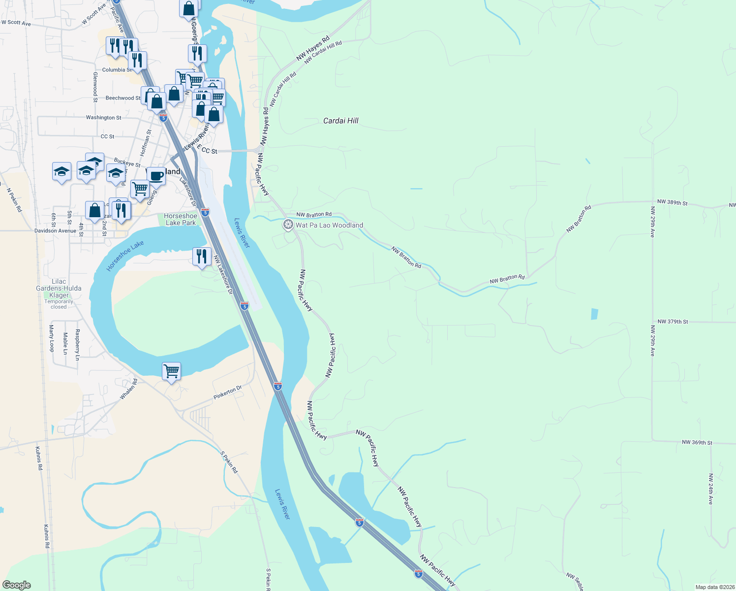 map of restaurants, bars, coffee shops, grocery stores, and more near 5313 Northwest Vista Drive in Woodland