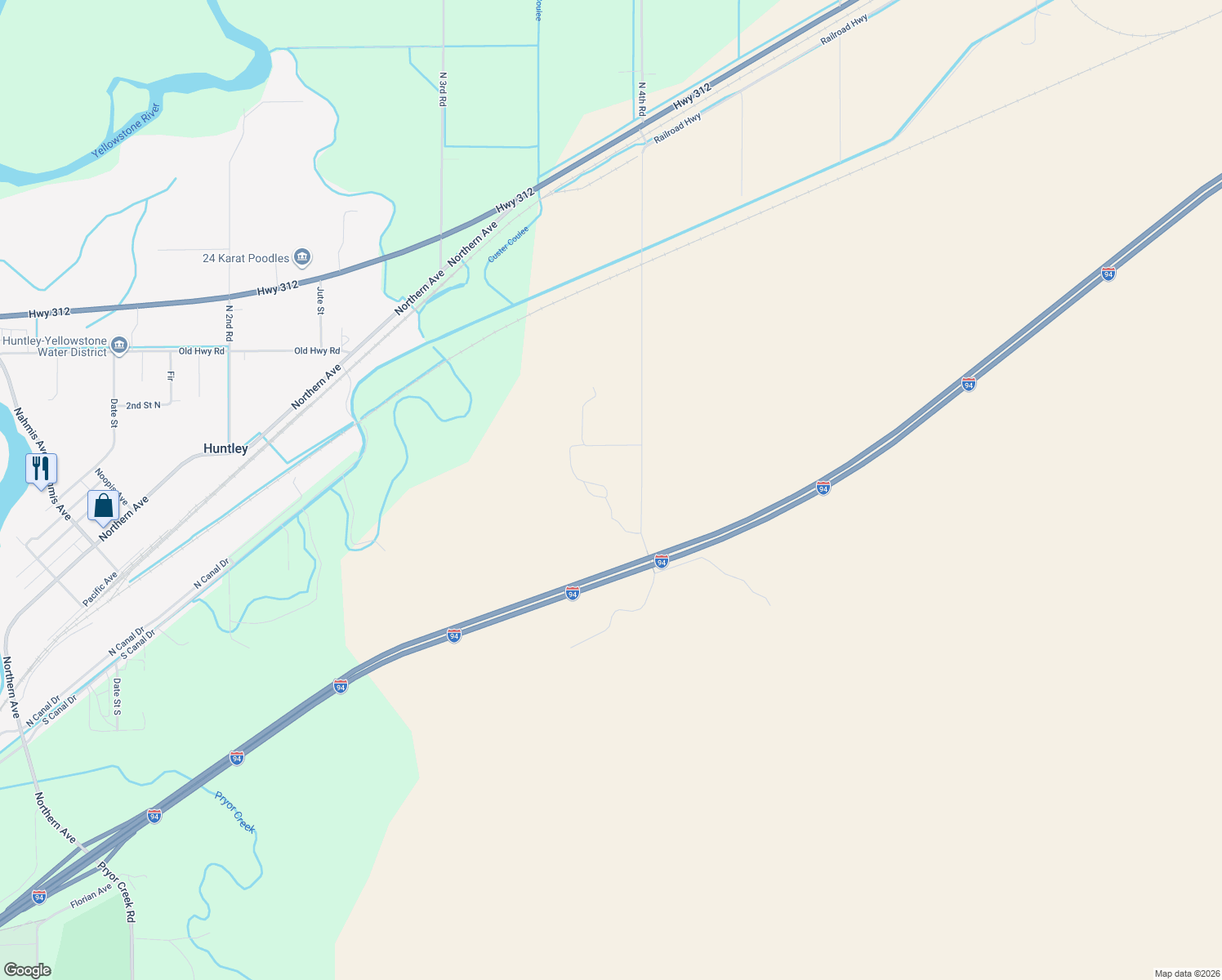 map of restaurants, bars, coffee shops, grocery stores, and more near 1630 South 4th Road in Huntley