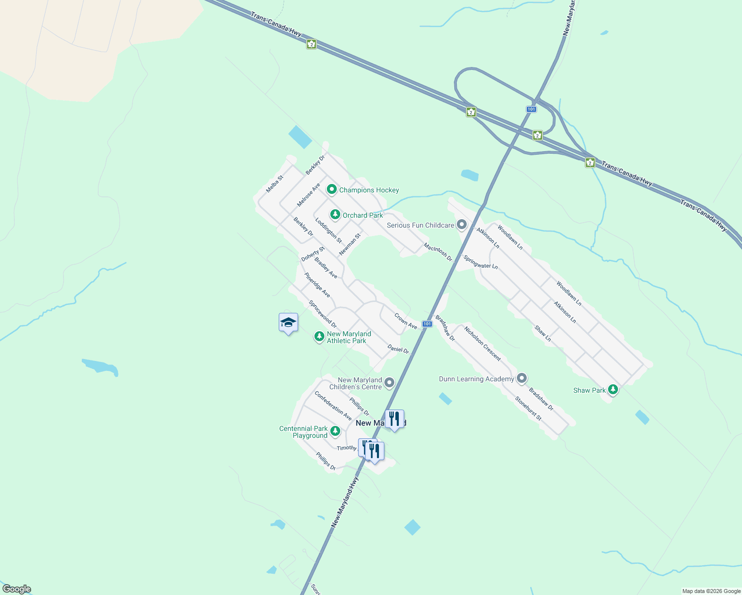 map of restaurants, bars, coffee shops, grocery stores, and more near 82 Crown Avenue in New Maryland