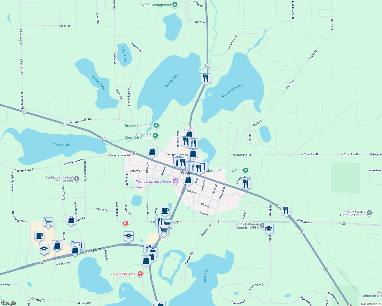 map of restaurants, bars, coffee shops, grocery stores, and more near 103 Elm St in Woodruff