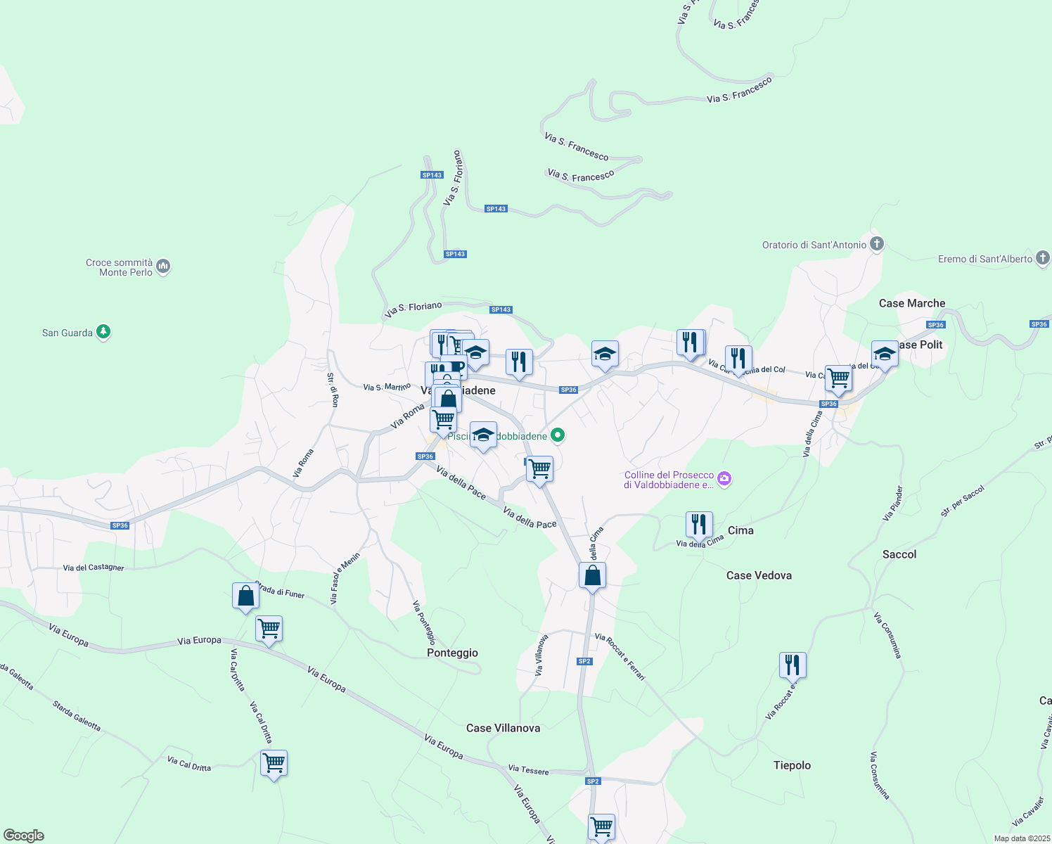map of restaurants, bars, coffee shops, grocery stores, and more near 63 Viale Mazzini in Valdobbiadene