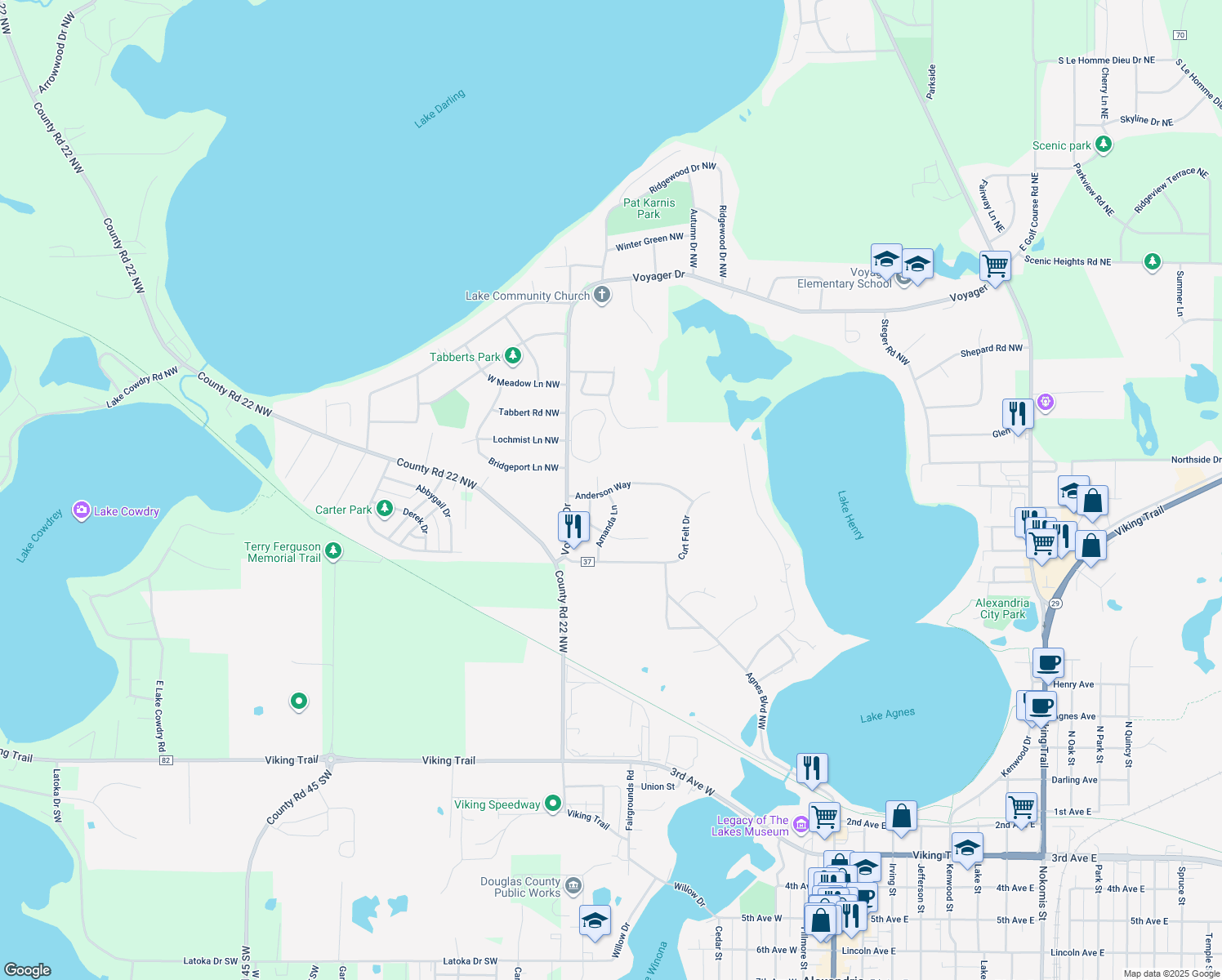 map of restaurants, bars, coffee shops, grocery stores, and more near 803 Anderson Way in Alexandria