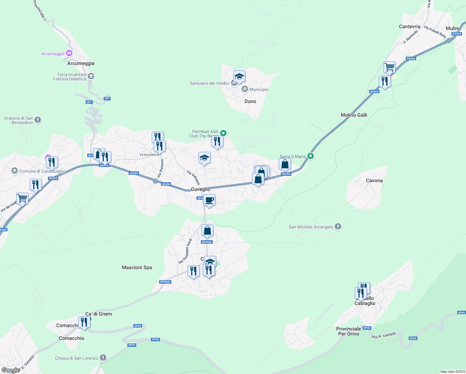 map of restaurants, bars, coffee shops, grocery stores, and more near 80 Via Battaglia San Martino in Cuveglio