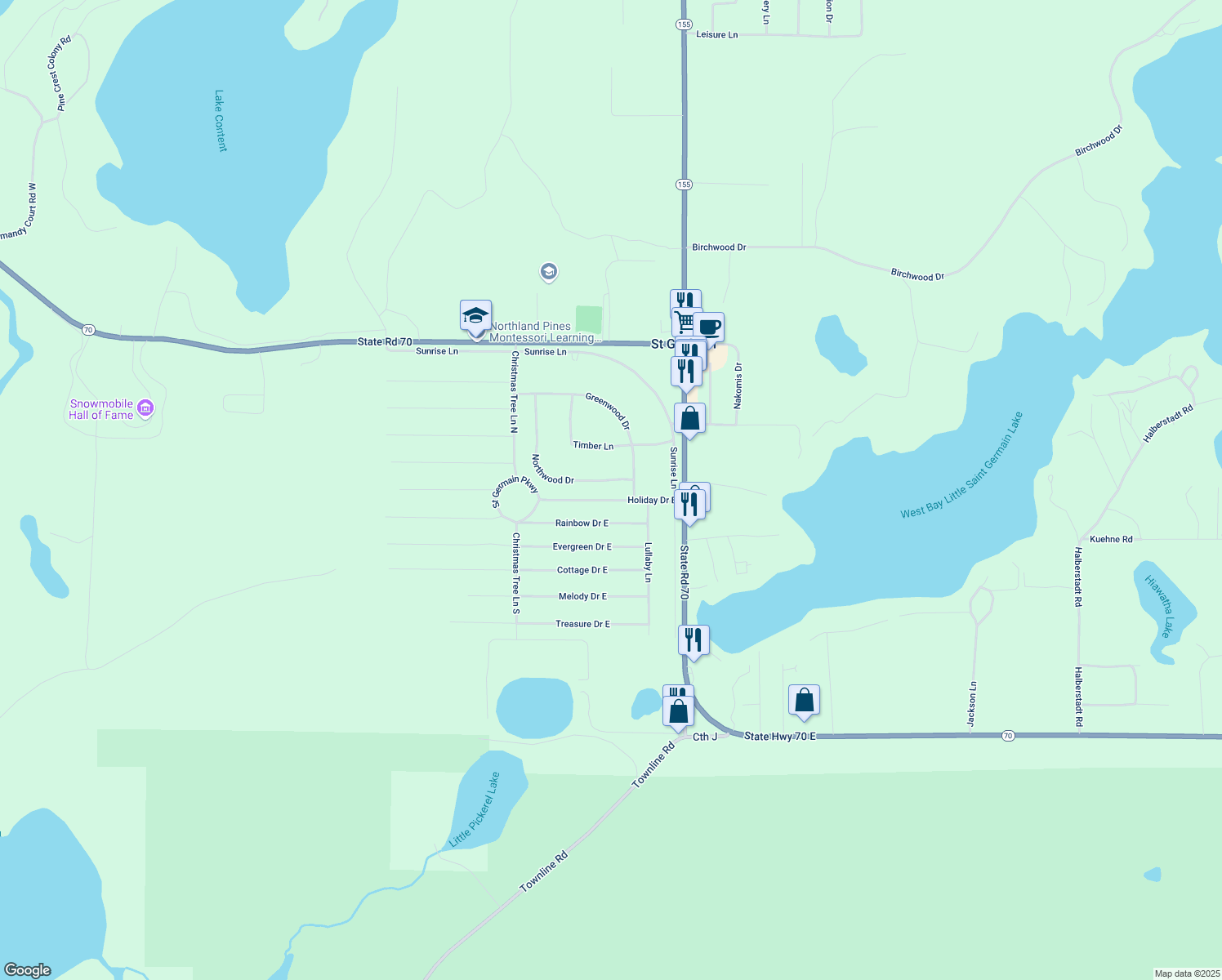 map of restaurants, bars, coffee shops, grocery stores, and more near 8131 Northwood Drive in Saint Germain