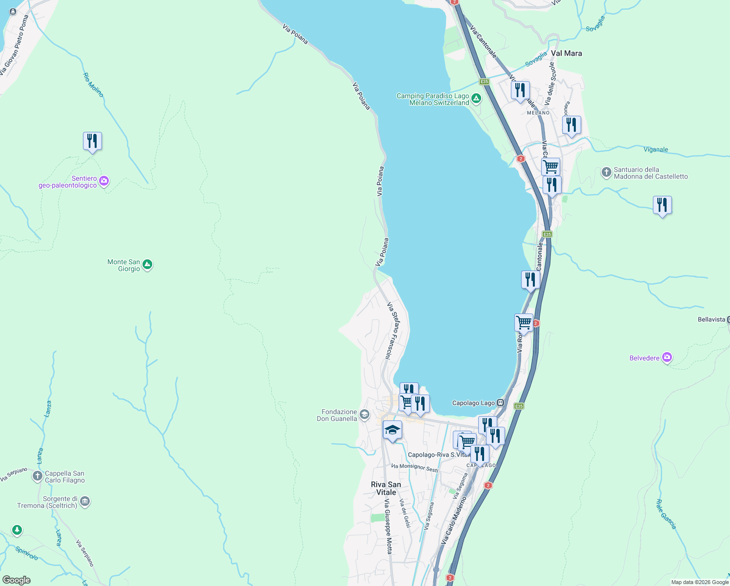 map of restaurants, bars, coffee shops, grocery stores, and more near Via della Battuta in Riva San Vitale