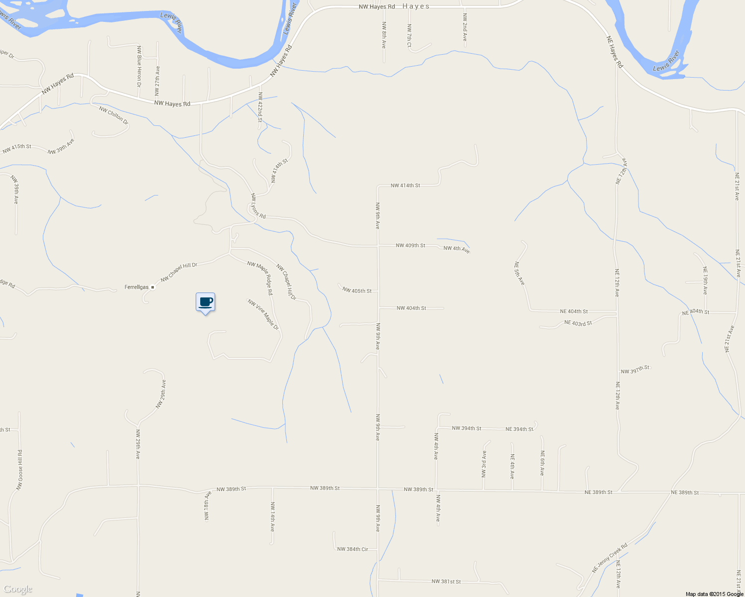 map of restaurants, bars, coffee shops, grocery stores, and more near 40410 Northwest 9th Avenue in Woodland
