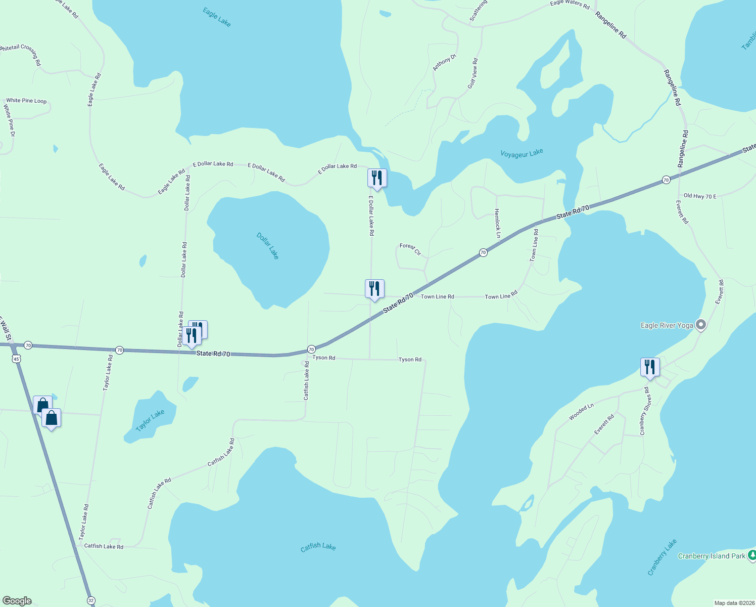 map of restaurants, bars, coffee shops, grocery stores, and more near 1298 E Dollar Lake Rd in Eagle River