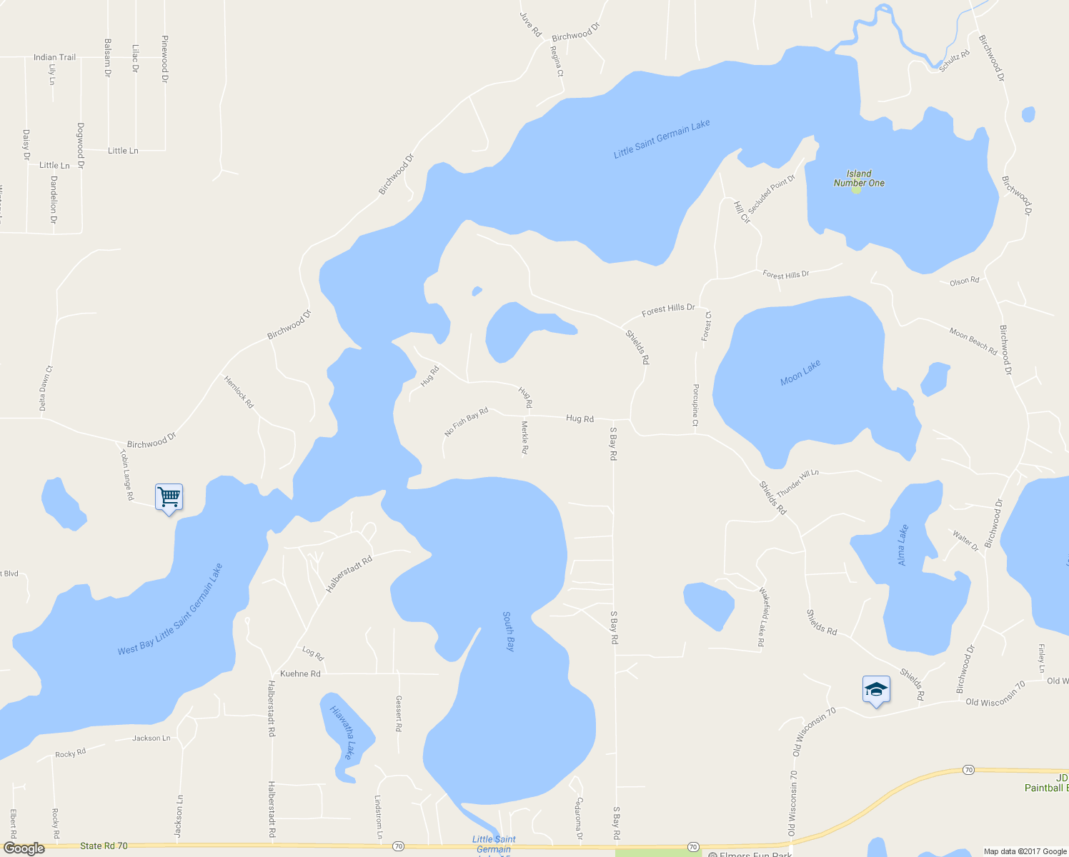 map of restaurants, bars, coffee shops, grocery stores, and more near 1325 Hug Road in Saint Germain