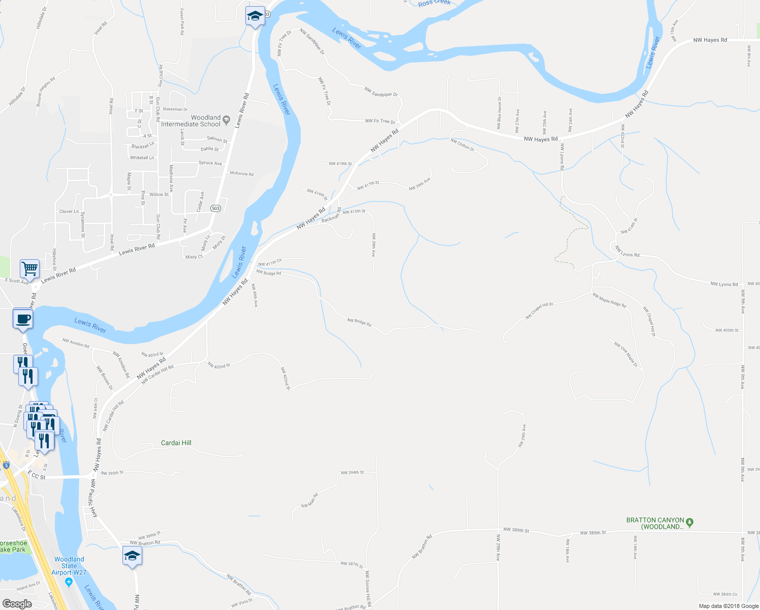 map of restaurants, bars, coffee shops, grocery stores, and more near 4000 Northwest Bridge Road in Woodland