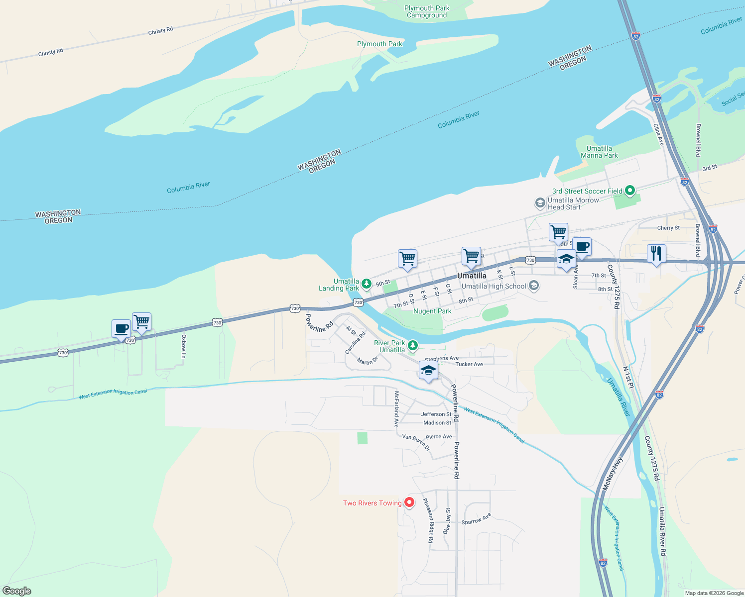 map of restaurants, bars, coffee shops, grocery stores, and more near 6th St in Umatilla