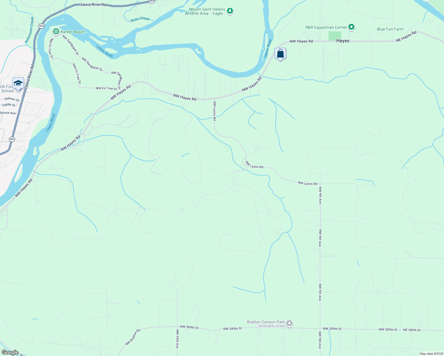 map of restaurants, bars, coffee shops, grocery stores, and more near 40905 Northwest Maple Ridge Road in Woodland