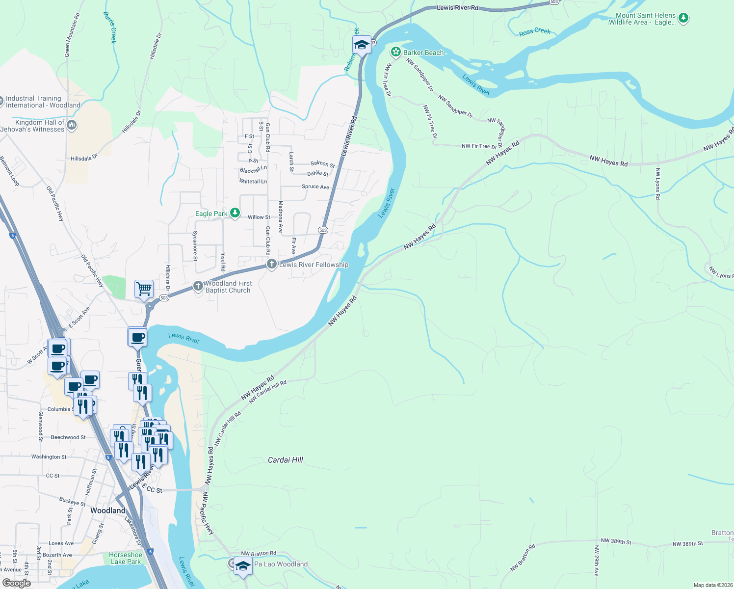 map of restaurants, bars, coffee shops, grocery stores, and more near 4819 Northwest Bridge Road in Woodland