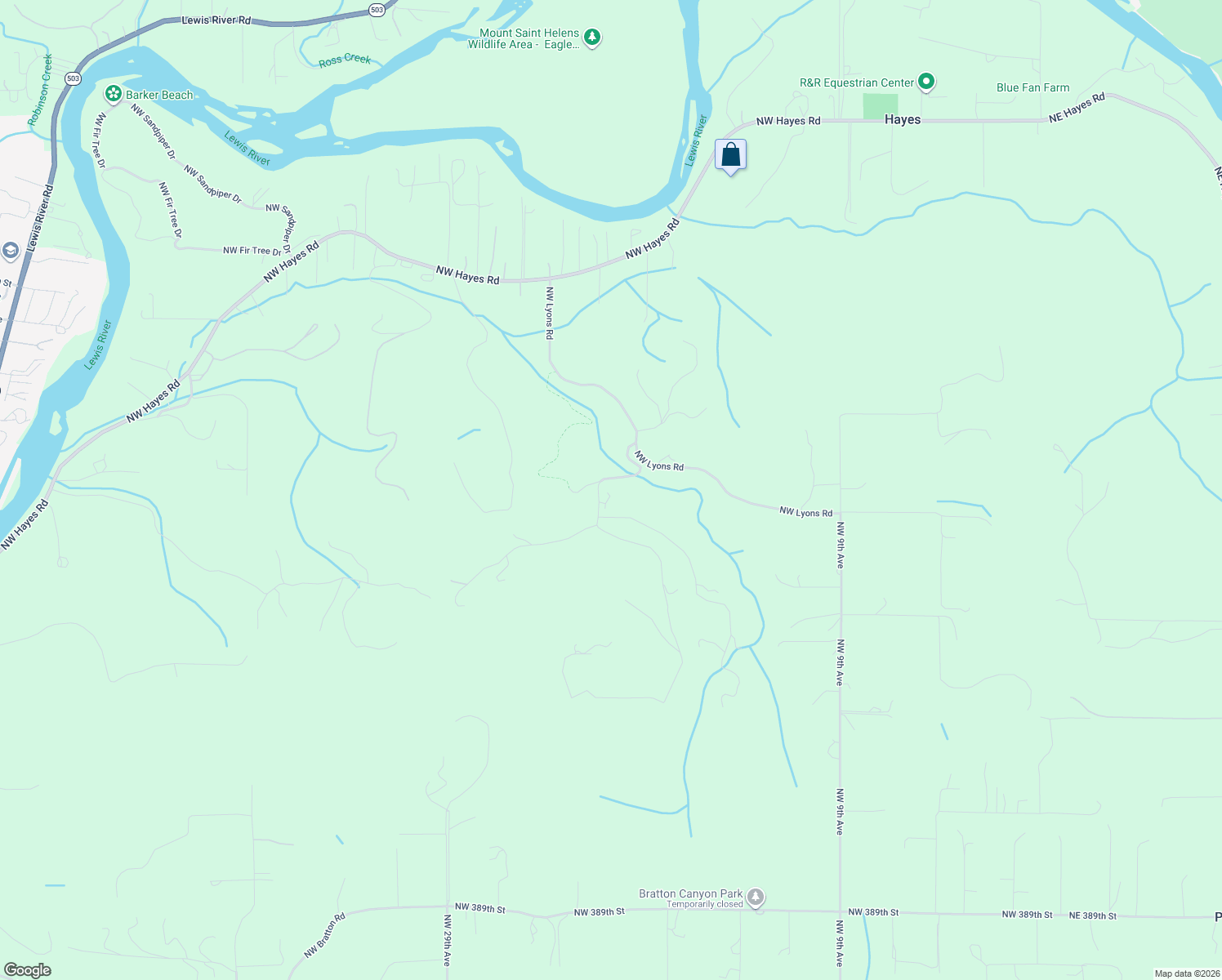 map of restaurants, bars, coffee shops, grocery stores, and more near 40905 Northwest Maple Ridge Road in Woodland
