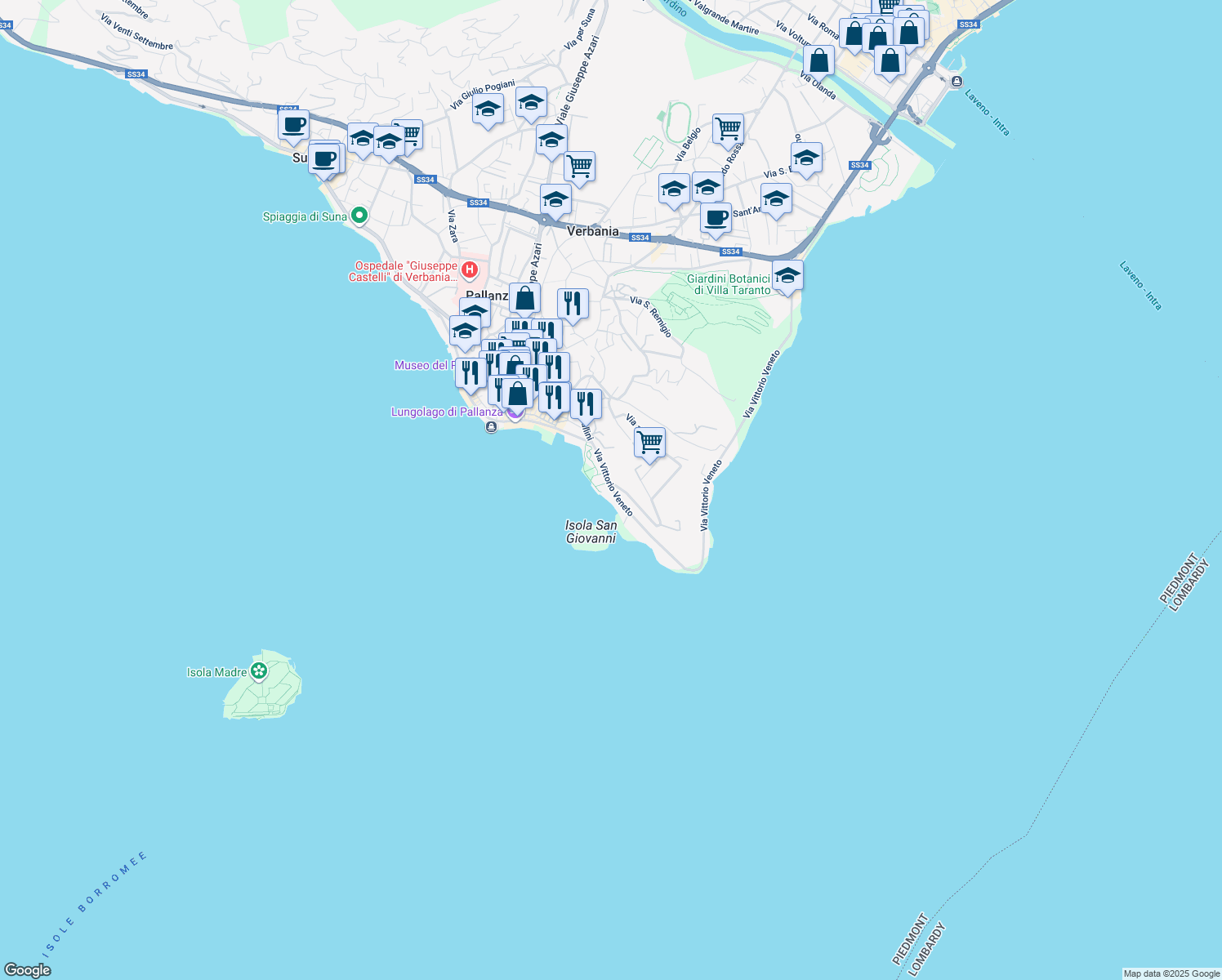 map of restaurants, bars, coffee shops, grocery stores, and more near 8 Via Vittorio Veneto in Pallanza