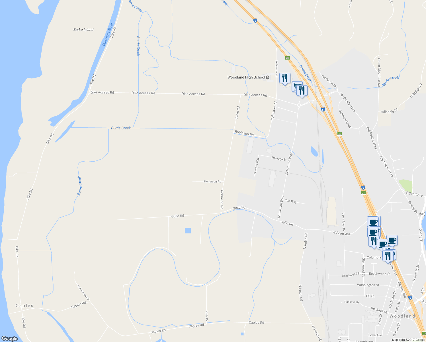 map of restaurants, bars, coffee shops, grocery stores, and more near 122 Stenerson Road in Woodland