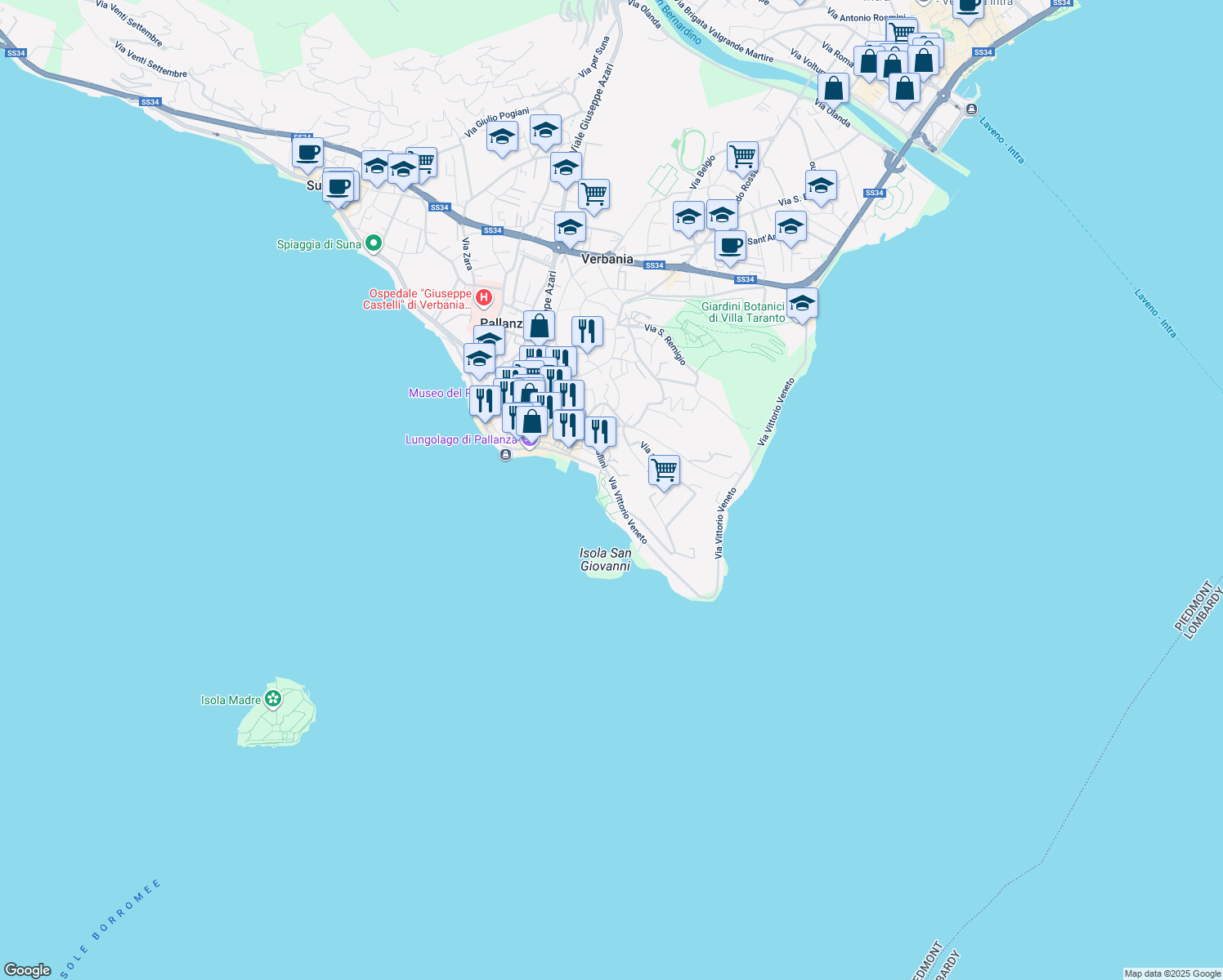map of restaurants, bars, coffee shops, grocery stores, and more near 8 Via Vittorio Veneto in Pallanza