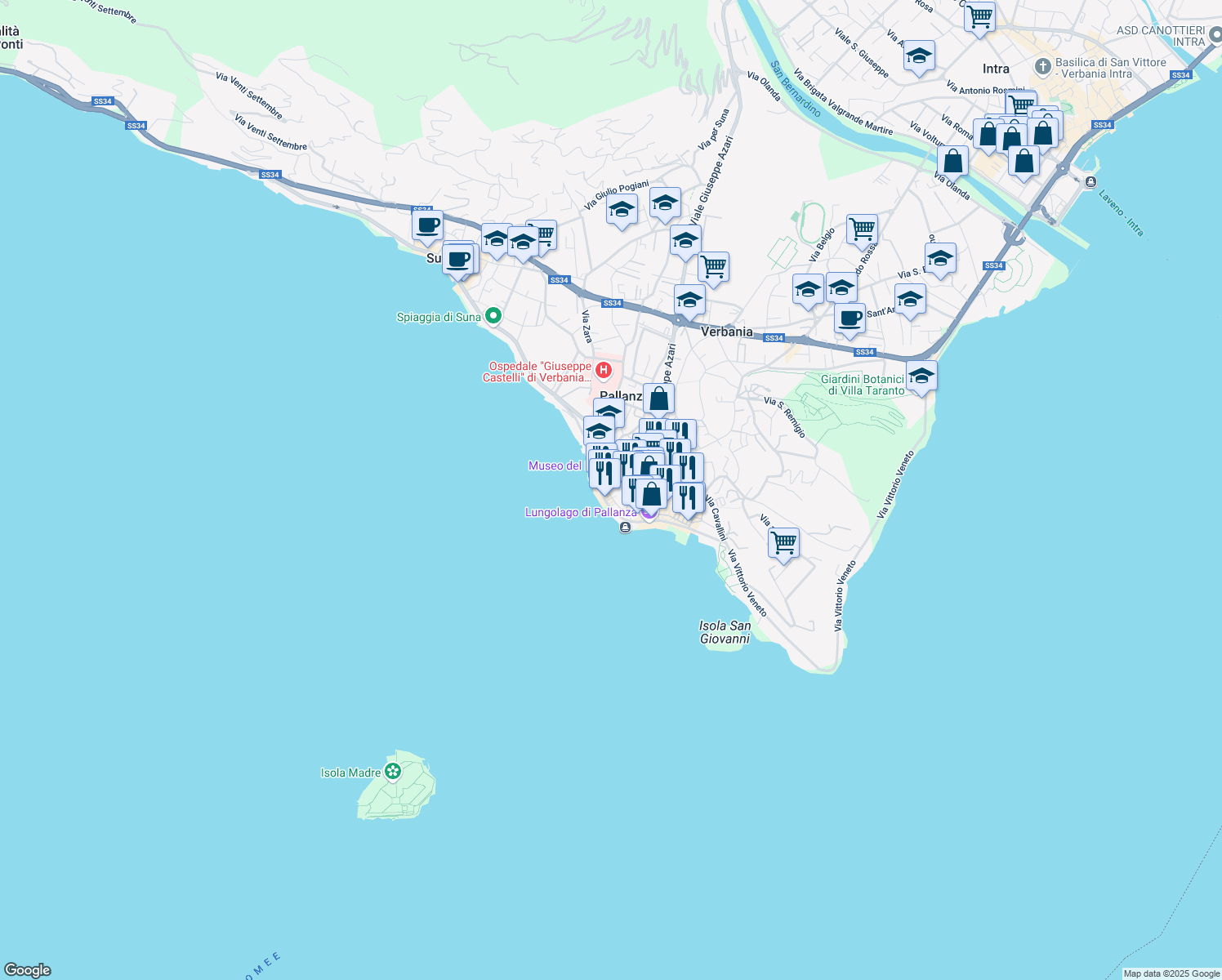 map of restaurants, bars, coffee shops, grocery stores, and more near 33-47 Vicolo del Fico in Pallanza