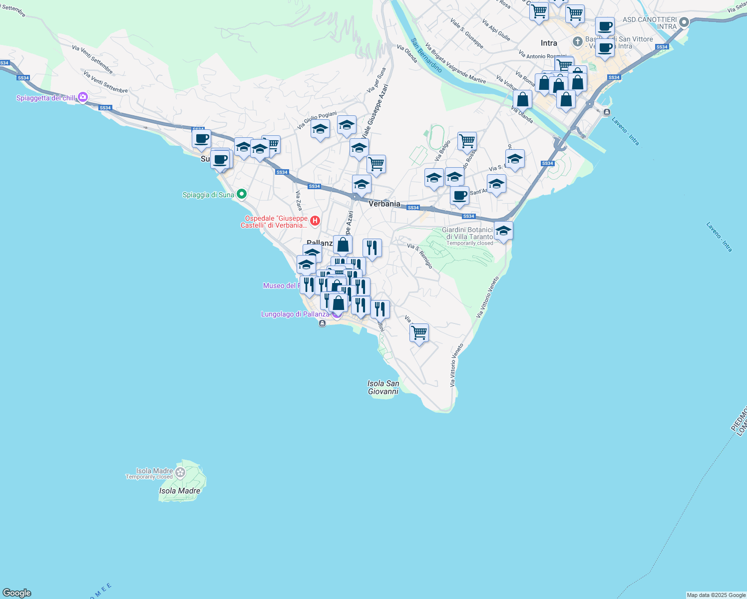 map of restaurants, bars, coffee shops, grocery stores, and more near 4a Via alla Castagnola in Pallanza
