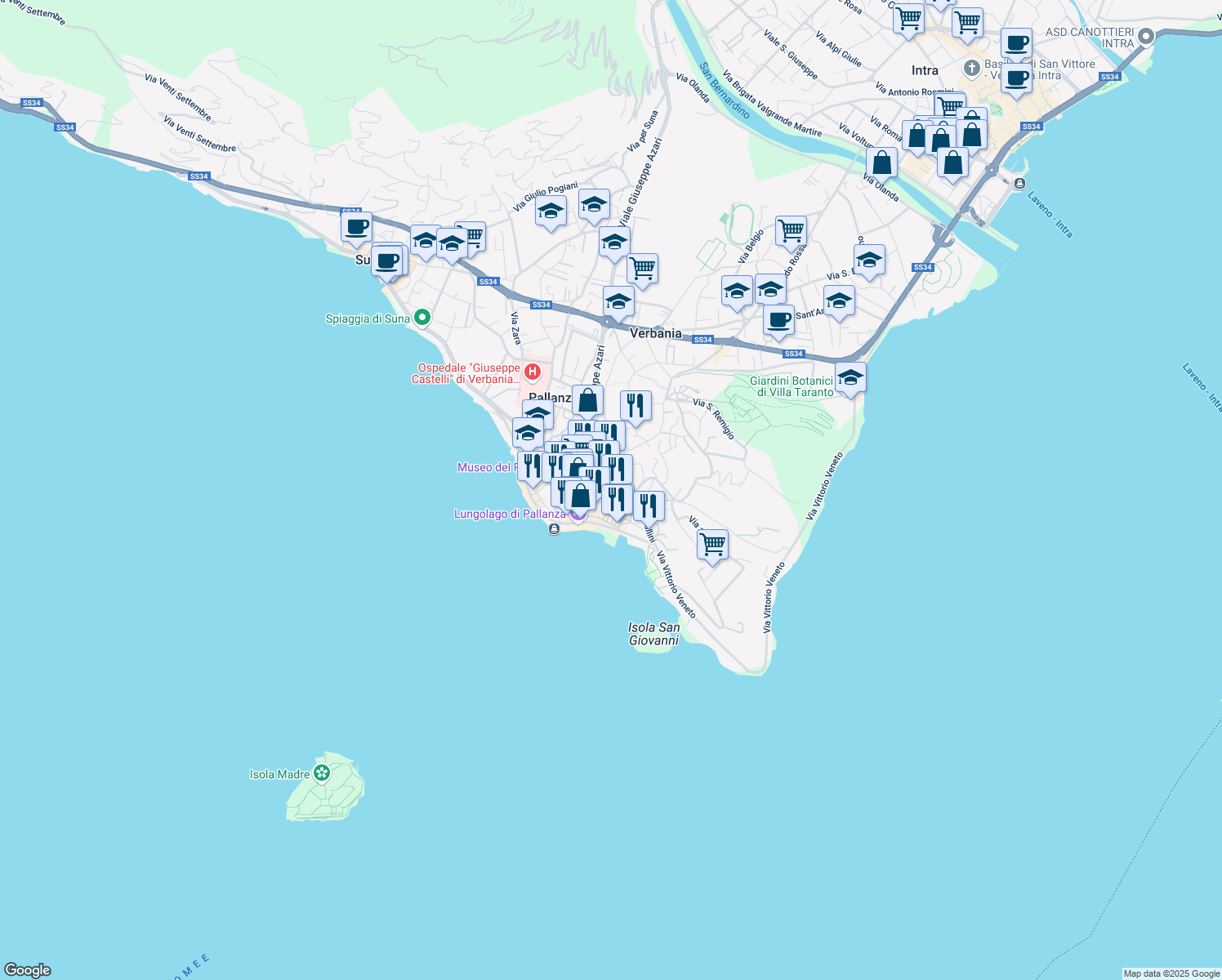 map of restaurants, bars, coffee shops, grocery stores, and more near 17 Piazza Papa Giovanni XXIII in Pallanza