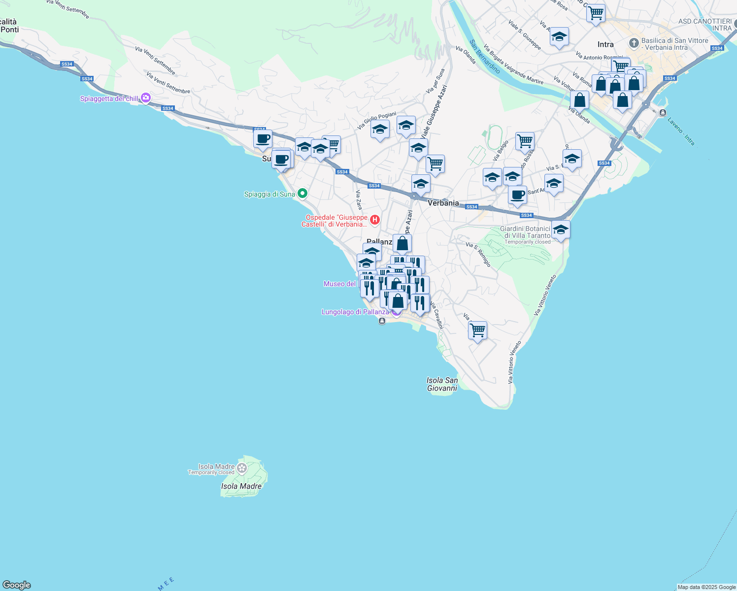 map of restaurants, bars, coffee shops, grocery stores, and more near 47 Vicolo del Fico in Pallanza