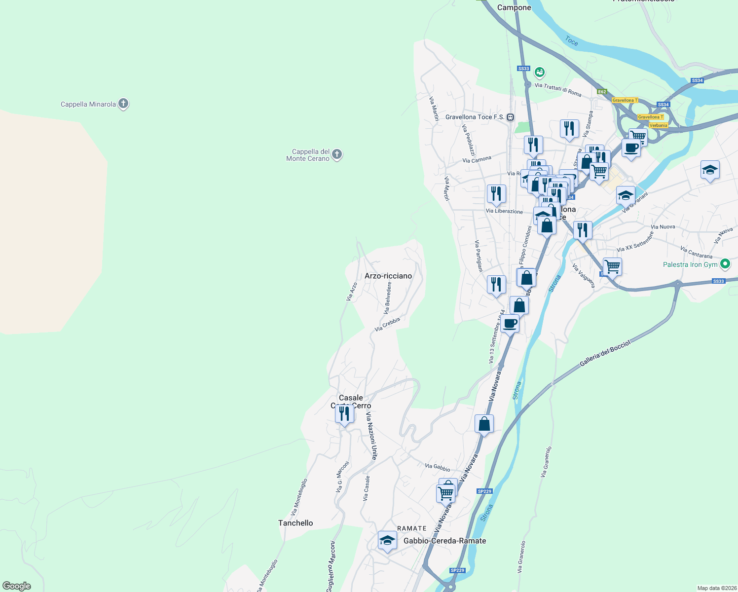 map of restaurants, bars, coffee shops, grocery stores, and more near 2 Via Tamlone in Arzo-ricciano