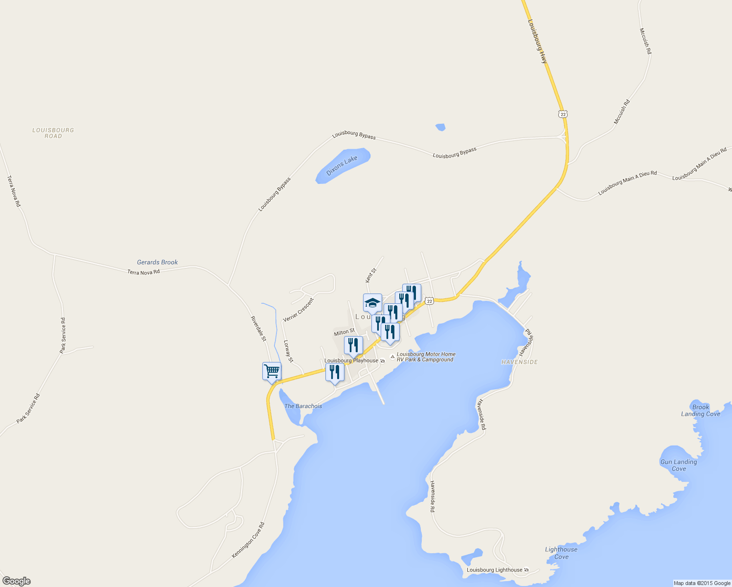 map of restaurants, bars, coffee shops, grocery stores, and more near 39 Kent Street in Louisbourg