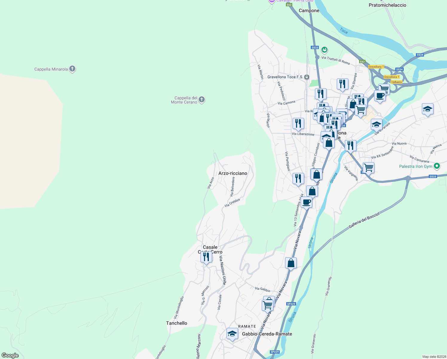 map of restaurants, bars, coffee shops, grocery stores, and more near 2 Via Tamlone in Arzo-ricciano