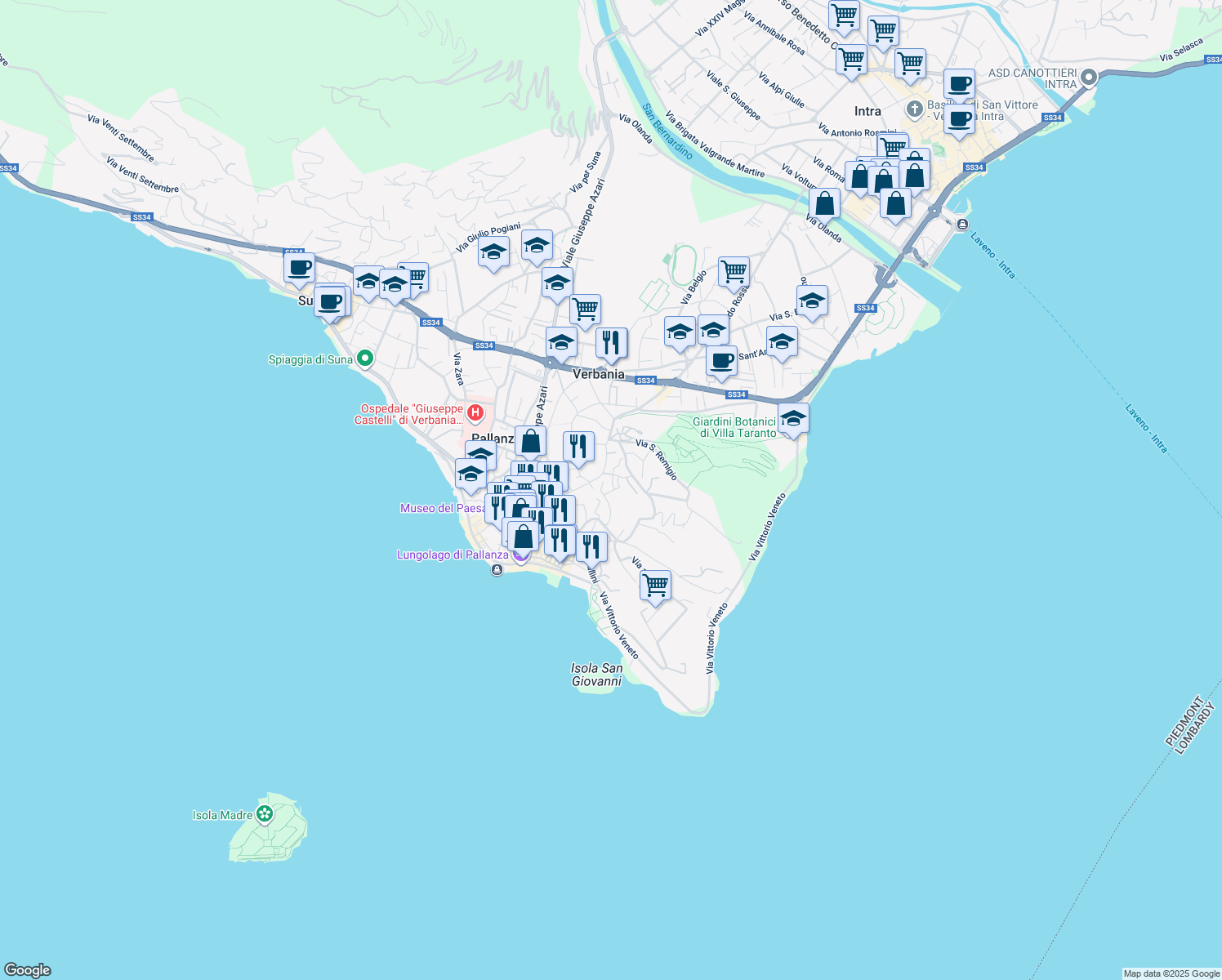 map of restaurants, bars, coffee shops, grocery stores, and more near 31A Via ai Villini in Pallanza