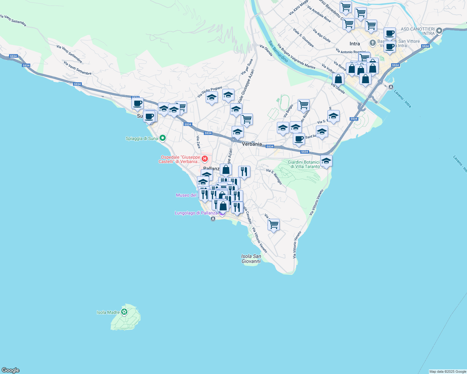 map of restaurants, bars, coffee shops, grocery stores, and more near 8 Via delle Monache in Pallanza