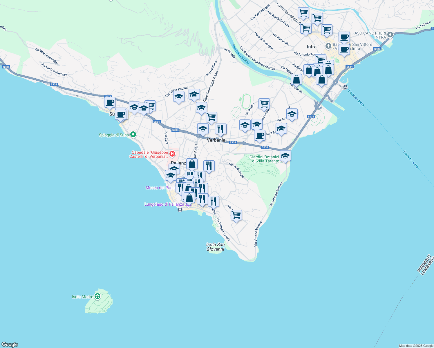 map of restaurants, bars, coffee shops, grocery stores, and more near 31A Via ai Villini in Pallanza