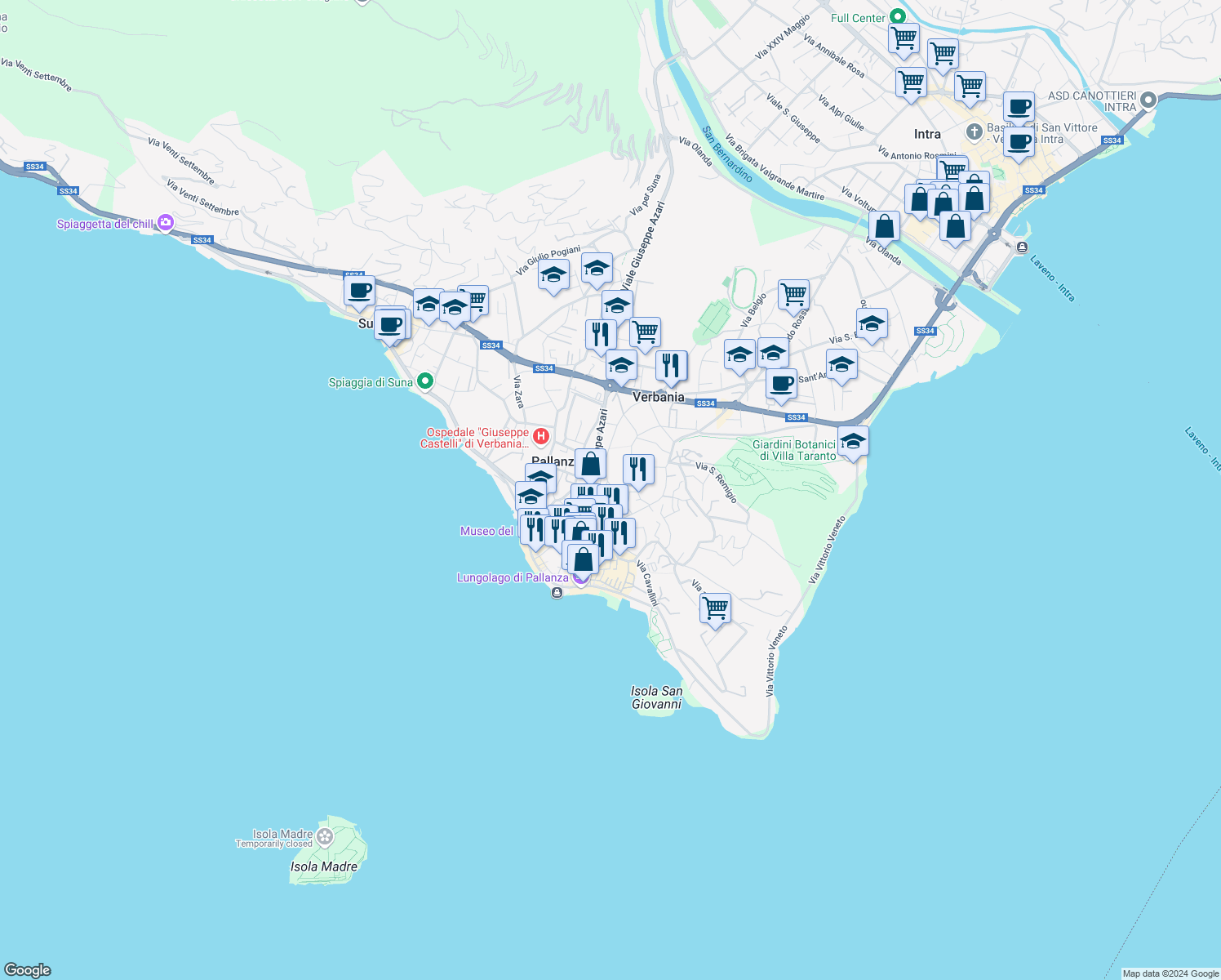 map of restaurants, bars, coffee shops, grocery stores, and more near 26 Via Madonnina in Pallanza