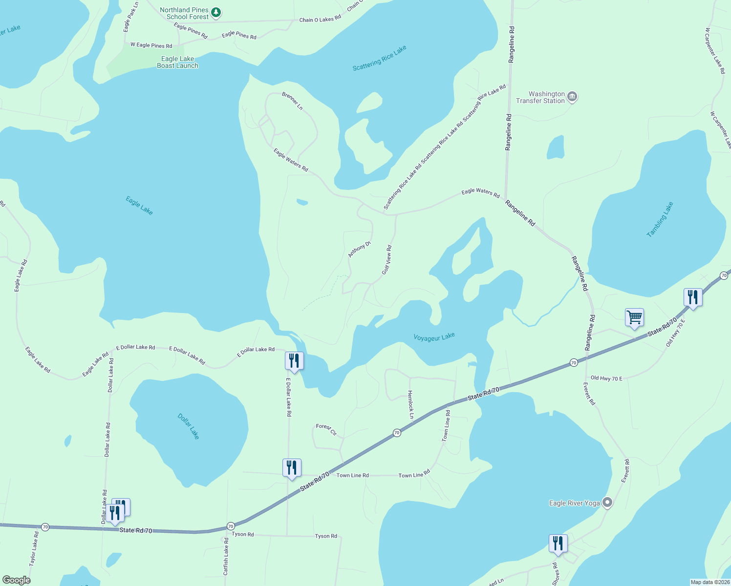 map of restaurants, bars, coffee shops, grocery stores, and more near Golf View Road in Eagle River